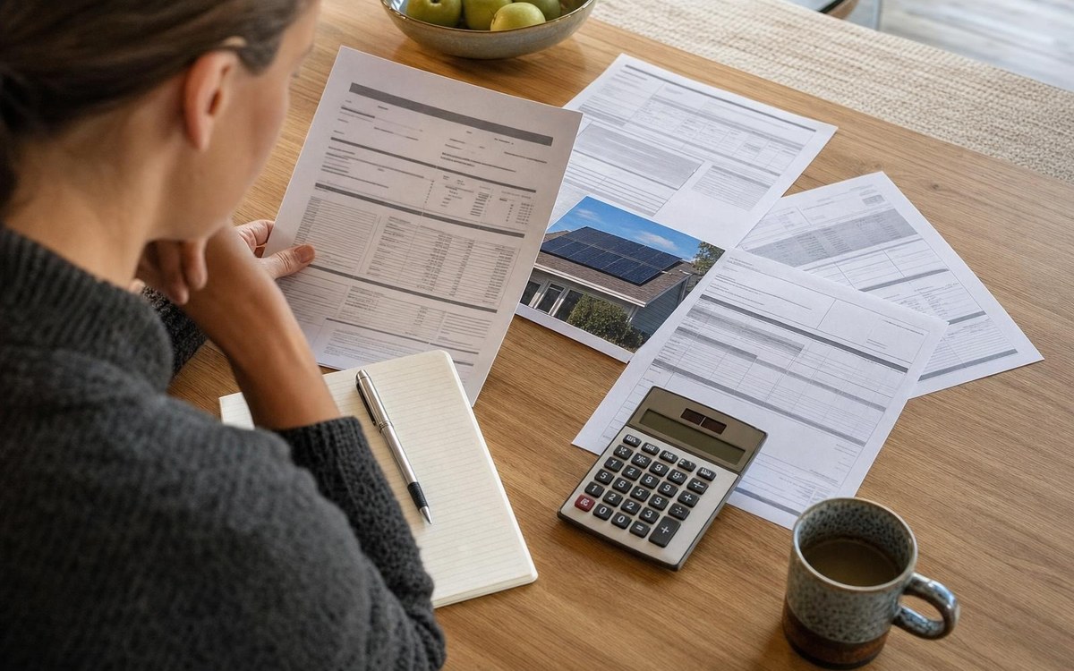 Comparing solar exports with billing records Generic solar production records and utility bills arranged beside a calculator at a Utah homeowner's table.