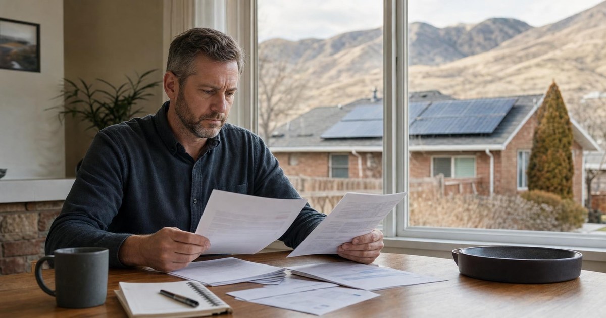 Utah homeowner reviewing solar billing records in a brick home with rooftop panels and Wasatch foothills visible outside.